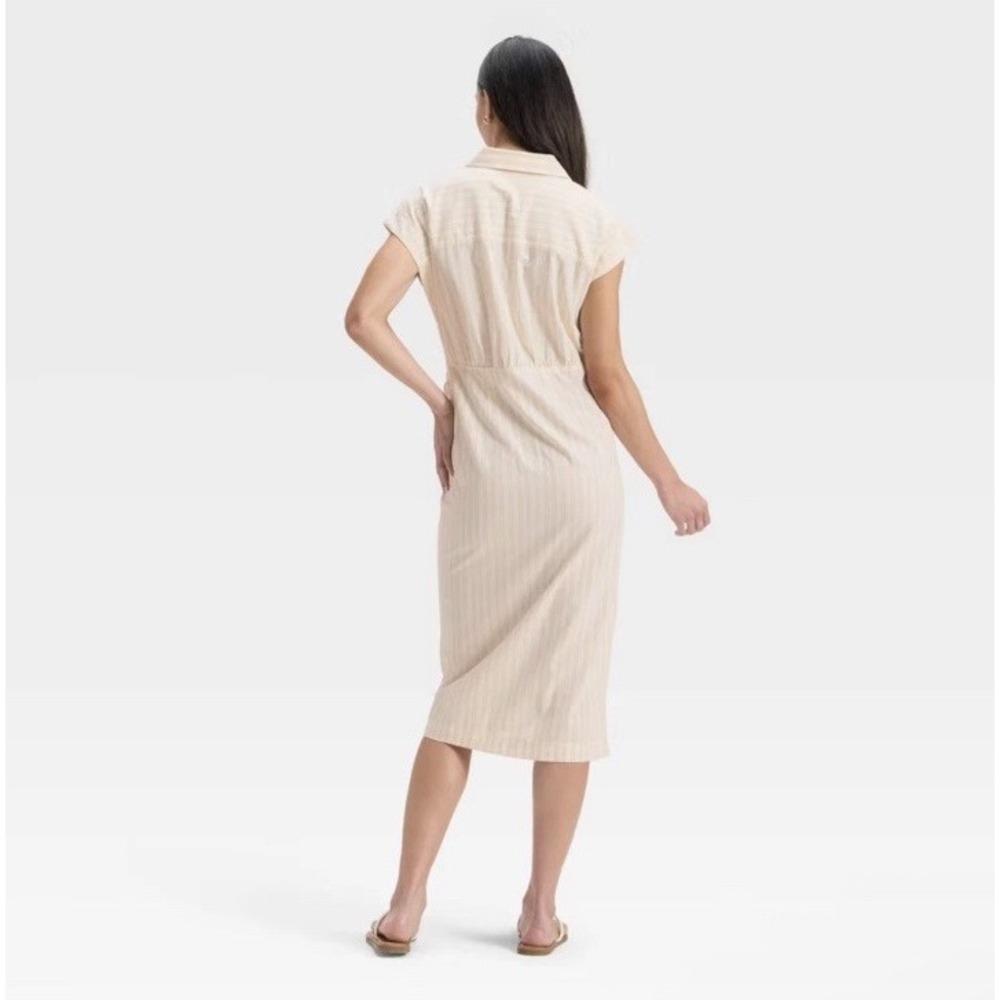 Universal Thread™ Short Sleeve Wrap Waist Midi Shirtdress Cream Striped XL - Picture 3 of 14